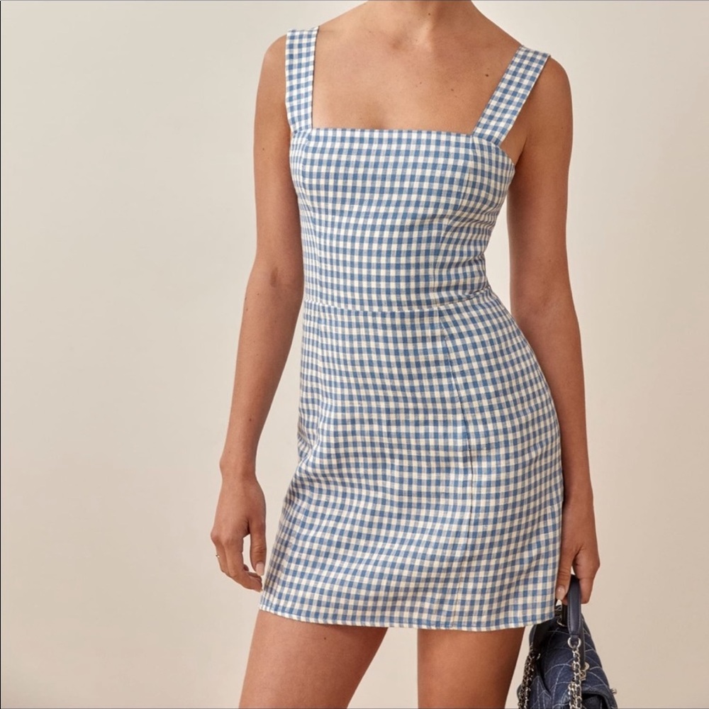 Reformation Brigitte Linen Dress Blue and White Gingham